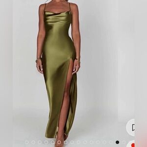 Babyboo “Celestine” backless satin maxi dress with slit in khaki 
Size: XS